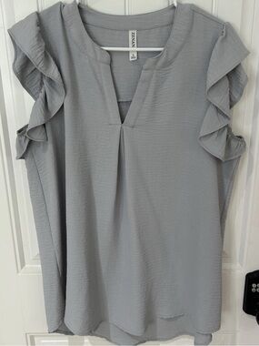 Zenana Outfitters Powder Blue Split V-Neck Ruffle Sleeve Top S